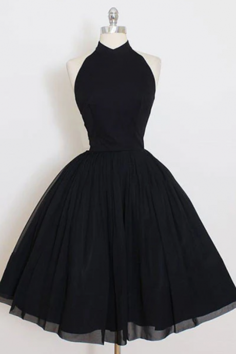 Homecoming Dresses,Black Tulle High Neckline Knee Length Party Dress