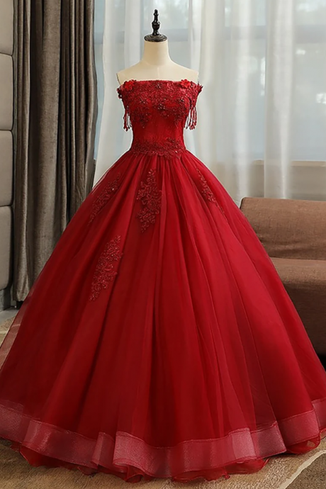 Prom Dresses,red Sweetheart Long Off Shoulder Tulle Party Dress
