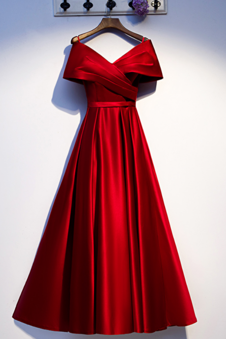 Prom Dresses,red Satin Off Shoulder Floor Length Party Dress