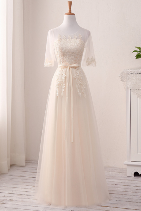 Prom Dresses,beautiful Champagne Tulle A-line Party Dress With Lace