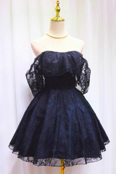 Homecoming Dresses,Navy Blue Lace Off Shoulder Short Party Dress