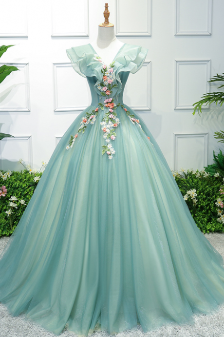 Prom Dresses,light Green Tulle With Lace Flowers Long Party Dress