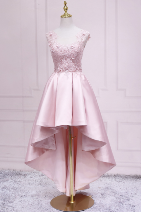 Homecoming Dresses,Pink Satin High Low Party Dress with Lace