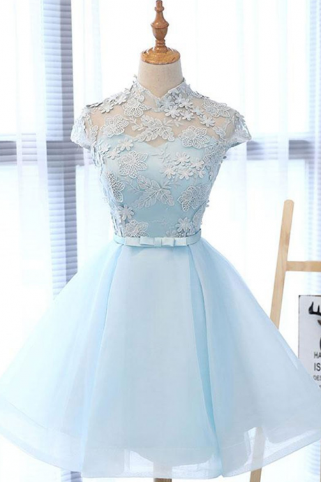 Homecoming Dresses,Cute Light Blue Short High Neckline Knee Length Party Dress