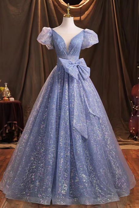 Prom Dresses,long Temperament Ball Gown Dress,bubble Sleeve Prom Dress, Fairy Blue Party Dress