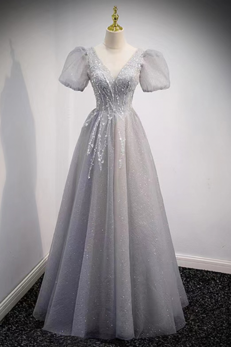 Prom Dresses,grey Evening Dress, Fairy Prom Dress,v-neck Party Dress