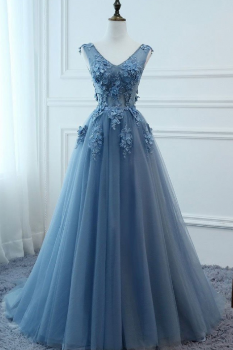 Prom Dresses,blue Tulle Prom Dresses, Long V-neck Party Gowns, Sexy Prom Dresses