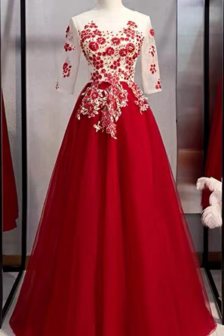 Prom Dresses,red Dress,mid Sleeve Formal Dress ,chic Prom Dress With Applique