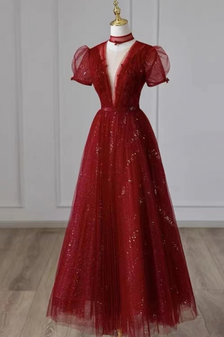 Prom Dresses,red Prom Gown, Tulle V- Neck Formal Dress