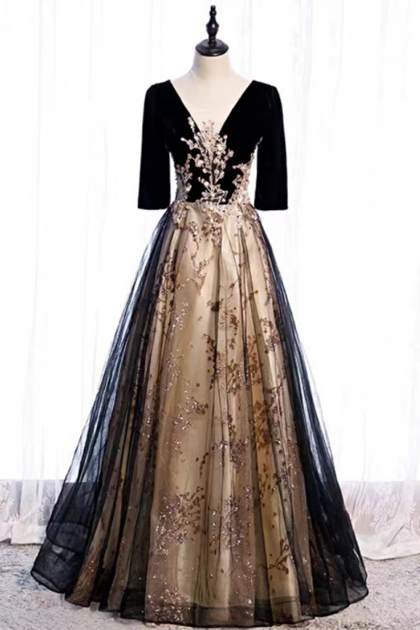Prom Dresses,v-neck Prom Dress,black Party Dress, Shiny Evening Dress