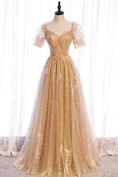Prom Dresses,, Long Prom Dress, Shiny Fairy Dress, V-neck Gold Dress
