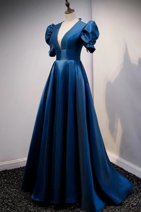 Prom Dresses,blue Temperament Prom Dress, Bubble Sleeve Satin Evening Dress