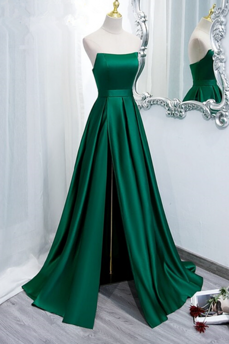 Prom Dresses,green Evening Dress,satin Party Dress, Strapless Slit Prom Dress