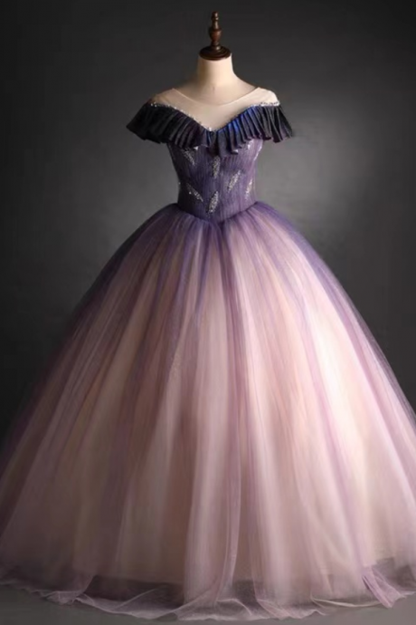 Prom Dresses,purple Party Dress, Short Sleeve Ball Gown,applique Princess Dress