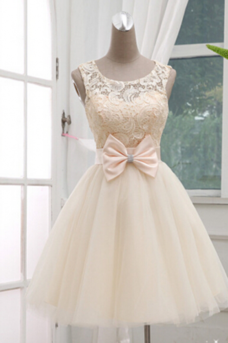 Homecoming Dresses,gorgeous Champagne Lace Ball Gown Knee Lenth Prom Dress