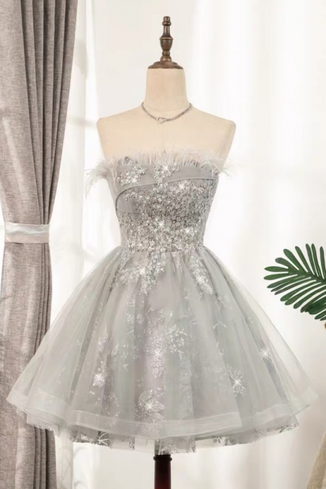 Homecoming Dresses,feather Strapless Party Dress, Short Sexy Homceoming Dress, Elegant Silver Sequin Dress