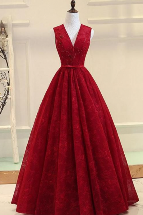 Prom Dresses,dark Red Lace Long Formal Gown, V-neckline Party Dress