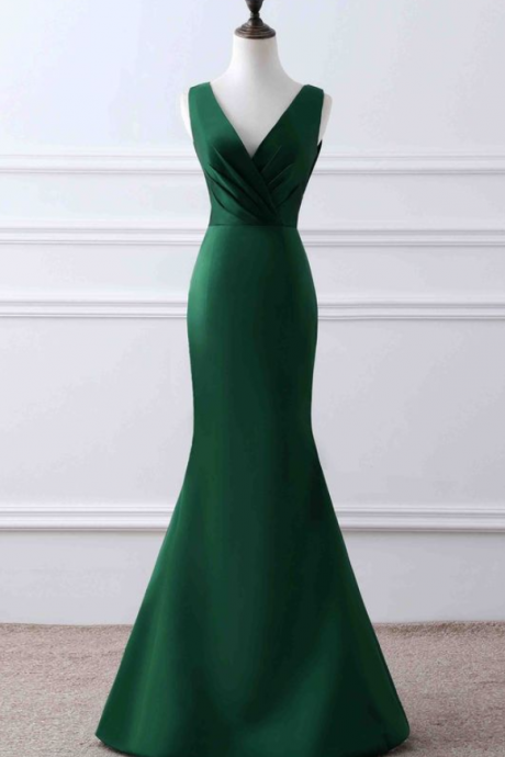 Prom Dresses,green Matte Satin Prom Dress, V-neck Mermaid Dress ,unique Design Evening Dress