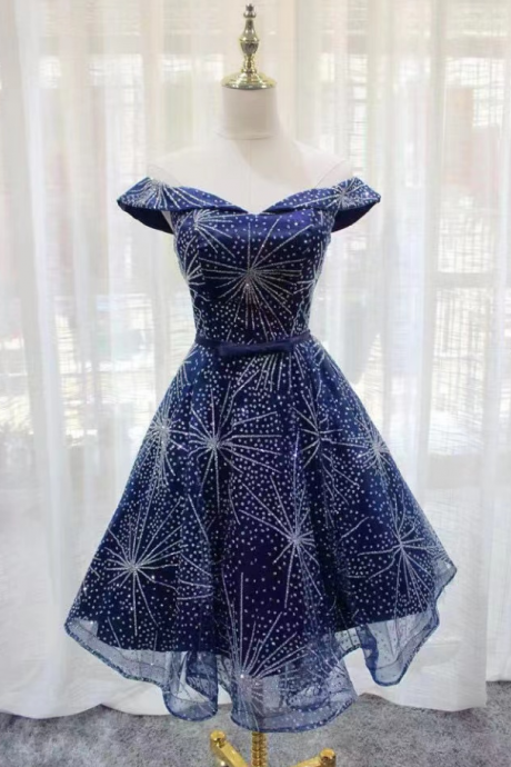 Homecoming Dresses,off Shoulder Prom Dress,navy Blue Party Dress,cute Homeoming Dress,glitter Graduation Dress
