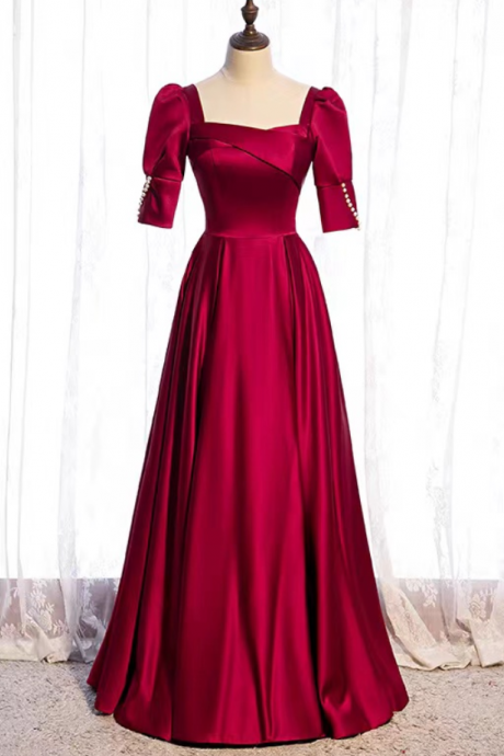 Prom Dresses, Long Red Dress, Satin Evening Dress, Square Collar Formal Dress