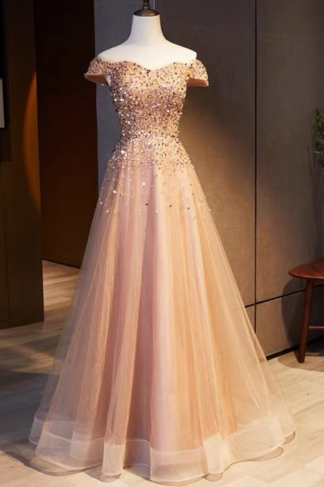 Prom Dresses, Heavily Handmade, Sequin Evening Dress, Off-the-shoulder Tulle Evening Dress