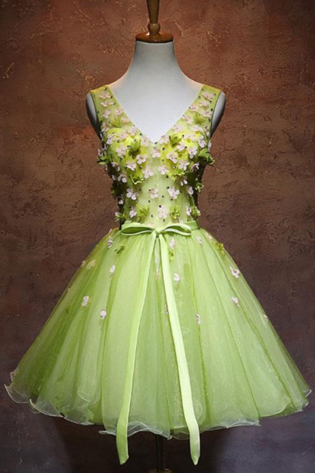 Homecoming Dresses,green V Neck Tulle Short Prom Dress