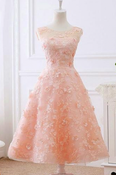 Homecoming Dresses,pretty Pink Tea Length Flower Lace Wedding Party Drses