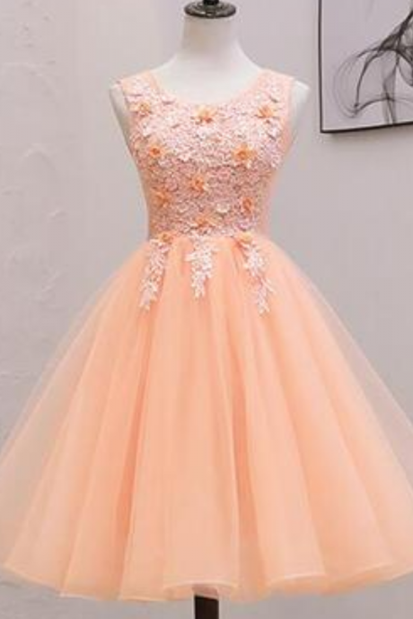 Homecoming Dresses,cute Pink Flowers And Lace Applique Round Neckline Party Dress