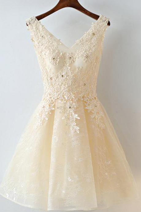 Homecoming Dresses,cute Light Champagne Lace Knee Length Party Dress