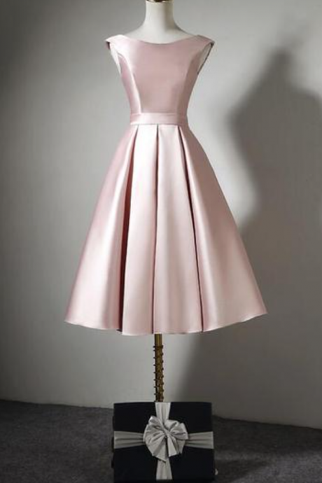 Homecoming Dresses,light Pink Tea Length Satin Wedding Party Dress, Pink Evening Party Dress