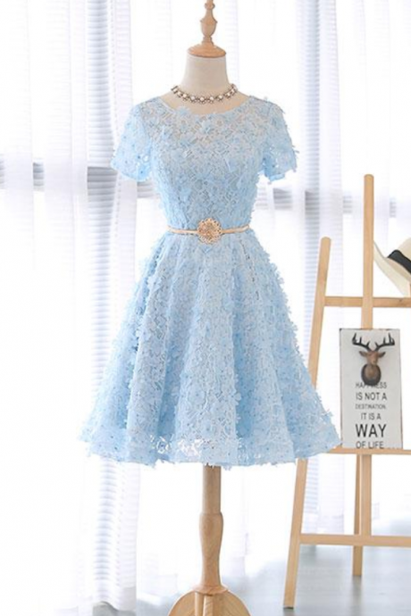 Homecoming Dresses,cute Blue Lace Short Prom Dress