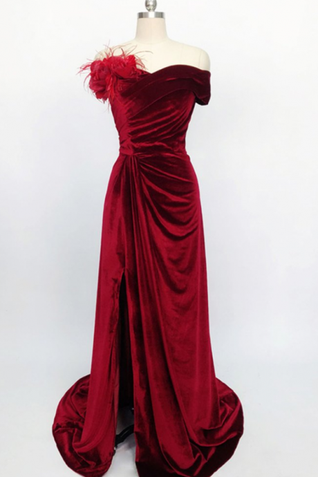 Prom Dresses,burgundy Velvet Off The Shoulder Long Mermaid Evening Dress