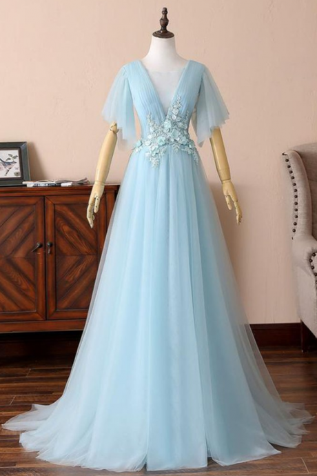 Prom Dresses,blue Tulle V Neck Short Sleeve Long Prom Dress