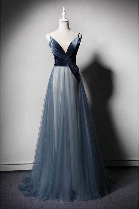 Prom Dresses, Design Blue Tulle Velvet Long V Neck Senior Prom Dress