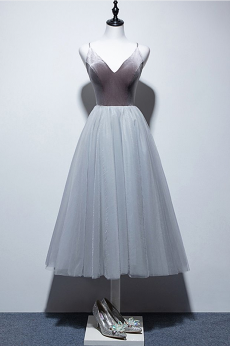 Homecoming Dresses,elegant Gray Velvet Top Tea Length Tulle Prom Dress