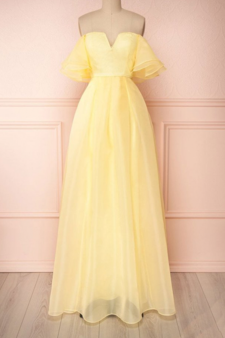 Prom Dresses,fresh Yellow Tulle Off Shoulder Long Dress