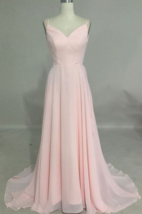 Prom Dresses,simple Pink Chiffon V Neck Long Backless Prom Dress
