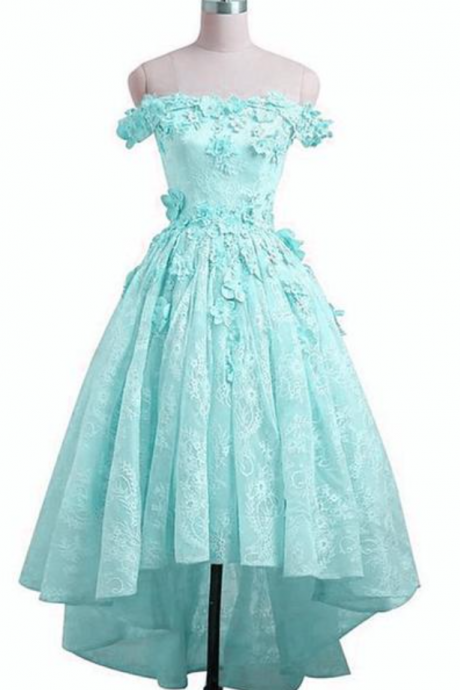 Homecoming Dresses,mint Green Lace Off Shoulder High Low Party Dress