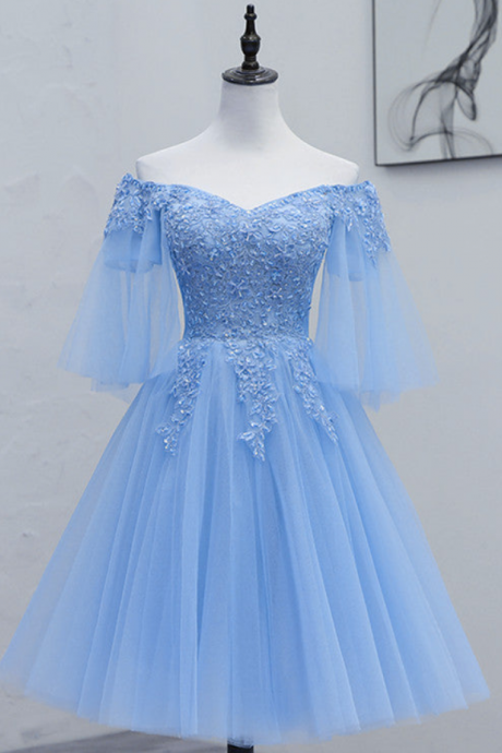Homecoming Dresses,lovely Light Blue With Lace Off Shoulder Short Prom Dress