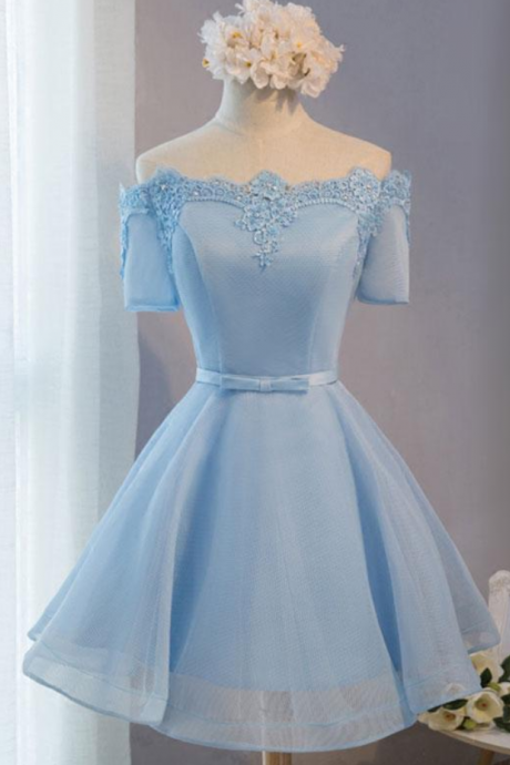 Homecoming Dresses,blue A-line Tulle Short Sleeve Lace Short Prom Dress