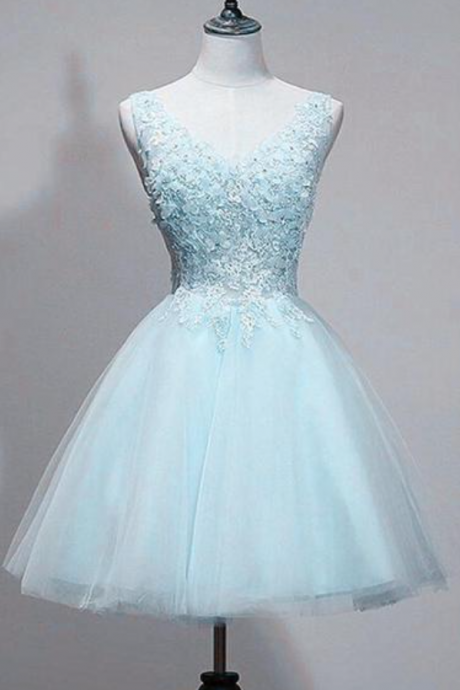 Homecoming Dresses,light Blue V-neckline Lace Applique Tulle Homecoming Dress