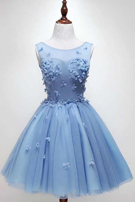 Homecoming Dresses,blue Tulle Round Neck Short A Line Prom Dress