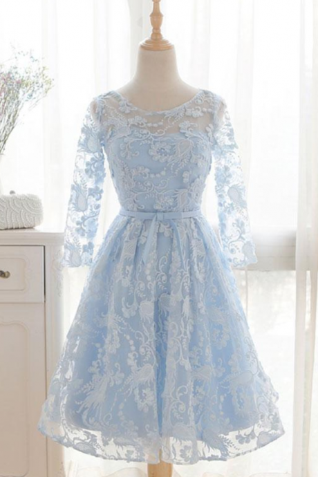 Homecoming Dresses,blue Round Neck Lace Short Prom Dress