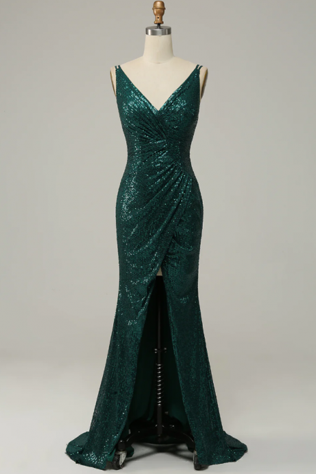 Prom Dresses,dark Green Sequined Spaghetti Straps Prom Dress
