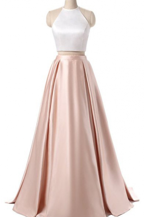 Prom Dresses, A Line Two Pieces Party Dress,halter Backless Satin Prom Dresses