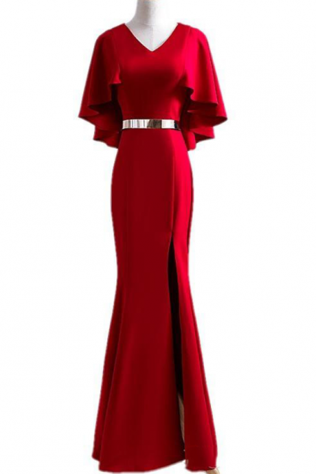 Prom Dresses, Half-sleeve V-neck Fishtail Red Evening Dress