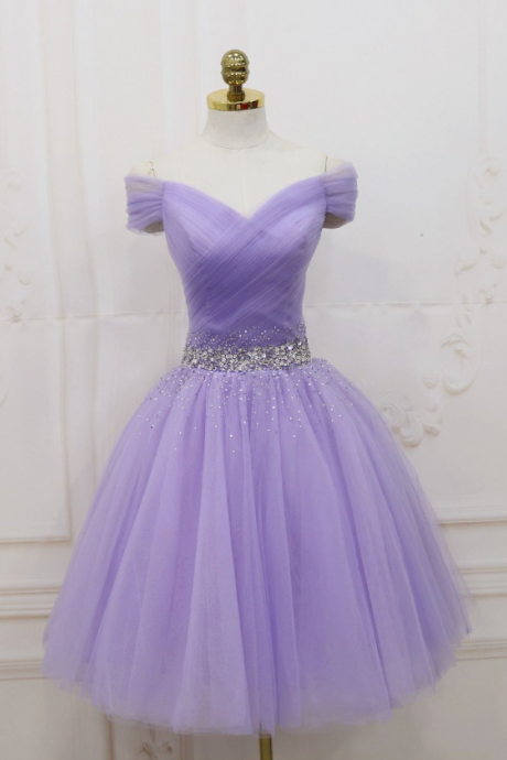 Homecoming Dresses, Purple Off Shoulder Tulle Sequin Prom Dress