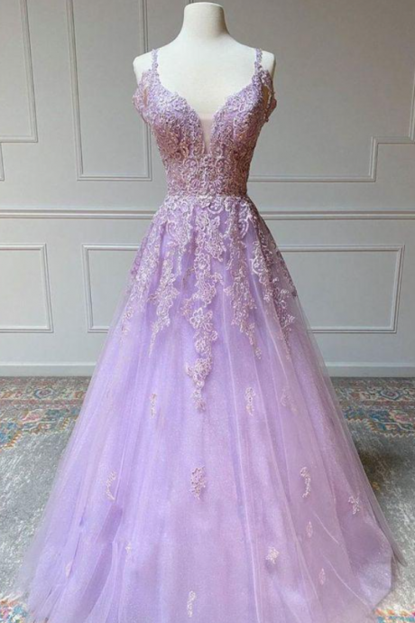 Prom Dresses,purple V Neck Tulle Lace Long Prom Dress