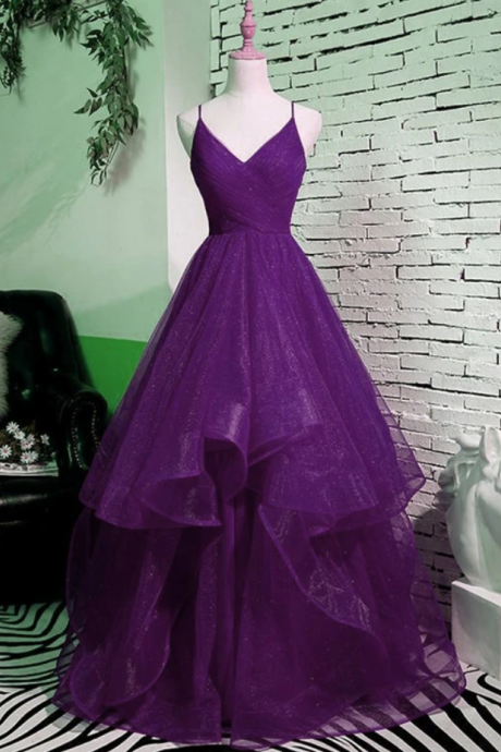 Prom Dresses,beautiful Purple V-neckline Straps Layers Tulle Party Gown