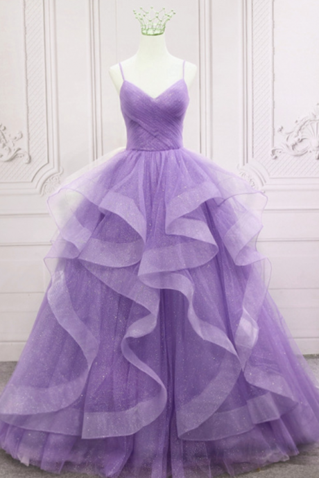 Prom Dresses,glam Purple Tulle V-neckline Straps Layers Long Formal Dress Party Dress